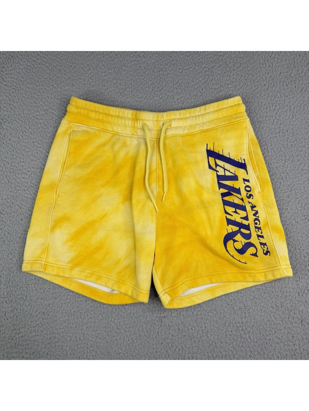 NBA LA Lakers Basketball Fleece Yellow Tie Dye Basketball Shorts Mens Size S